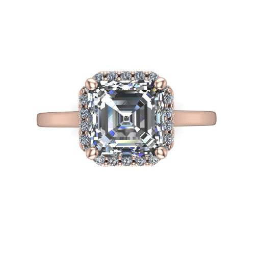 Makenzie square emerald halo engagement ring in 18K Rose Gold, top-down view showing the square emerald center diamond framed by a pave halo