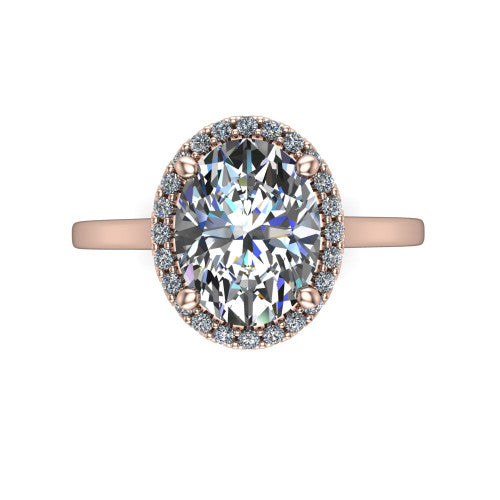 Makenzie oval halo engagement ring in 14K Rose Gold, top-down view showing the oval center diamond framed by a pave halo