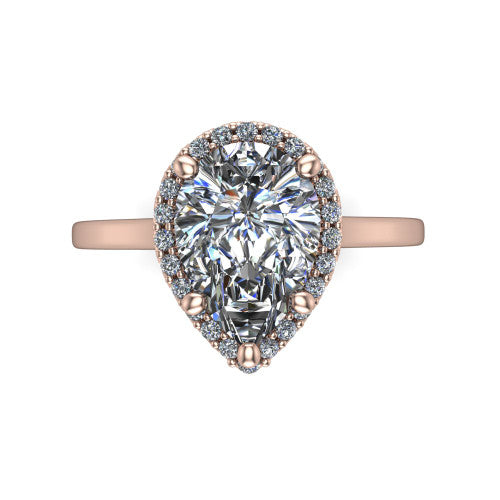 Makenzie pear halo engagement ring in 14K Rose Gold, top-down view showing the pear center diamond framed by a pave halo