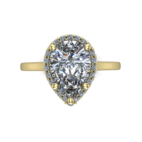 Makenzie pear halo engagement ring in 18K Yellow Gold, top-down view showing the pear center diamond framed by a pave halo