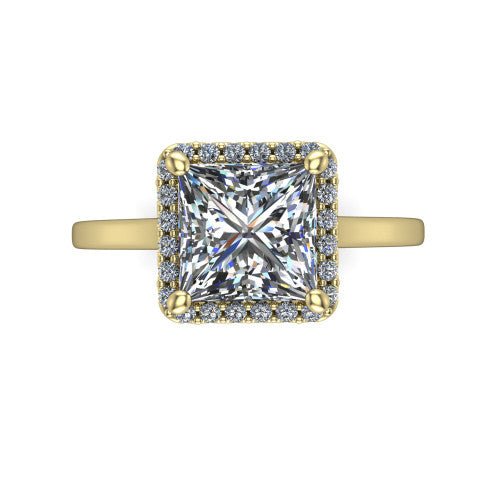 Makenzie princess halo engagement ring in 18K Yellow Gold, top-down view showing the princess center diamond framed by a pave halo