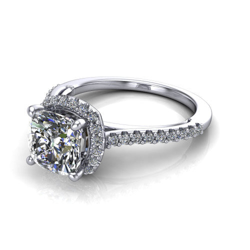 Palmer cushion halo engagement ring in 14K White Gold, three-quarter perspective showing the cushion center diamond in a pave halo above a pave band