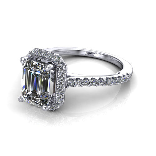 Palmer emerald halo engagement ring in 18K White Gold, three-quarter perspective showing the emerald center diamond in a pave halo above a pave band