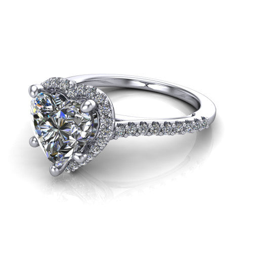 Palmer heart halo engagement ring in Platinum, three-quarter perspective showing the heart center diamond in a pave halo above a pave band