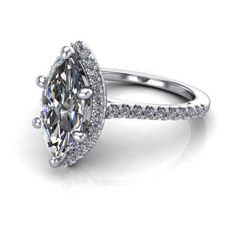 Palmer marquise halo engagement ring in 14K White Gold, three-quarter perspective showing the marquise center diamond in a pave halo above a pave band