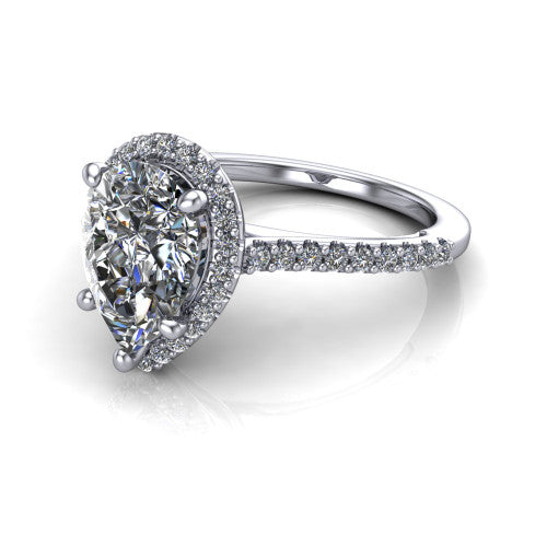Palmer pear halo engagement ring in 14K White Gold, three-quarter perspective showing the pear center diamond in a pave halo above a pave band