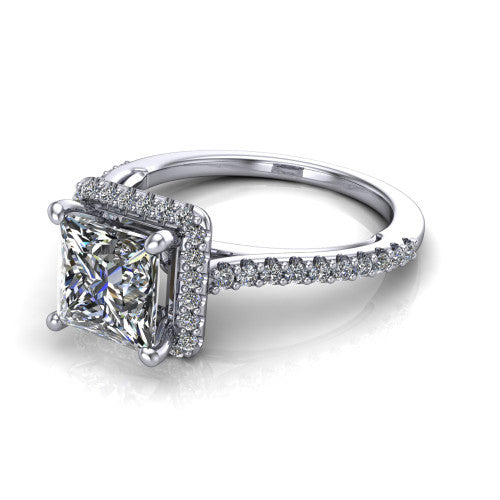 Palmer princess halo engagement ring in 14K White Gold, three-quarter perspective showing the princess center diamond in a pave halo above a pave band