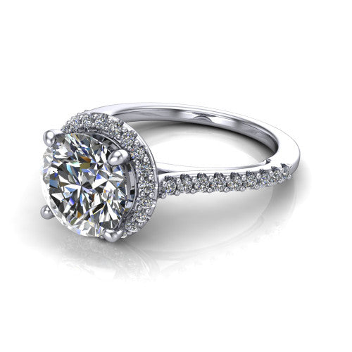Palmer round halo engagement ring in 18K White Gold, three-quarter perspective showing the round center diamond in a pave halo above a pave band