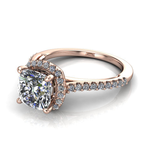 Palmer cushion halo engagement ring in 14K Rose Gold, three-quarter perspective showing the cushion center diamond in a pave halo above a pave band