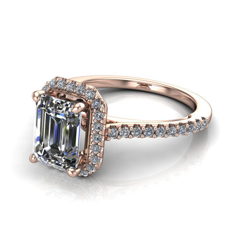 Palmer emerald halo engagement ring in 14K Rose Gold, three-quarter perspective showing the emerald center diamond in a pave halo above a pave band