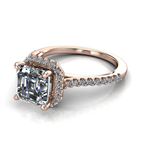 Palmer square emerald halo engagement ring in 18K Rose Gold, three-quarter perspective showing the square emerald center diamond in a pave halo above a pave band