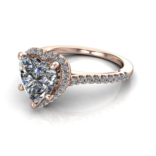 Palmer heart halo engagement ring in 14K Rose Gold, three-quarter perspective showing the heart center diamond in a pave halo above a pave band
