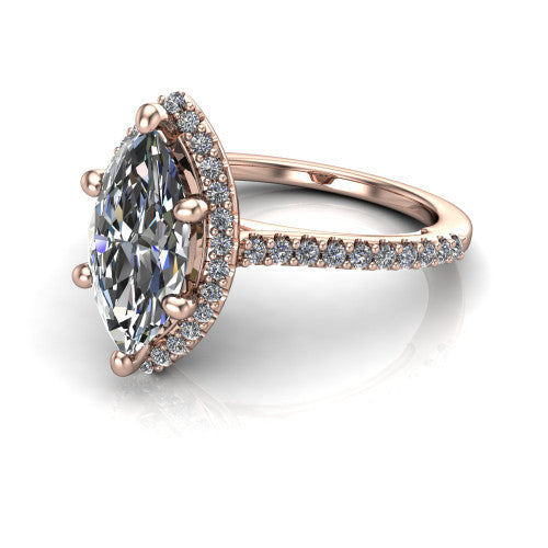 Palmer marquise halo engagement ring in 14K Rose Gold, three-quarter perspective showing the marquise center diamond in a pave halo above a pave band