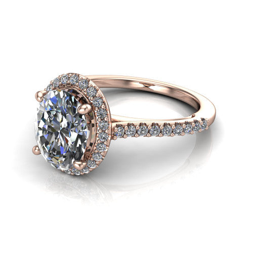 Palmer oval halo engagement ring in 14K Rose Gold, three-quarter perspective showing the oval center diamond in a pave halo above a pave band