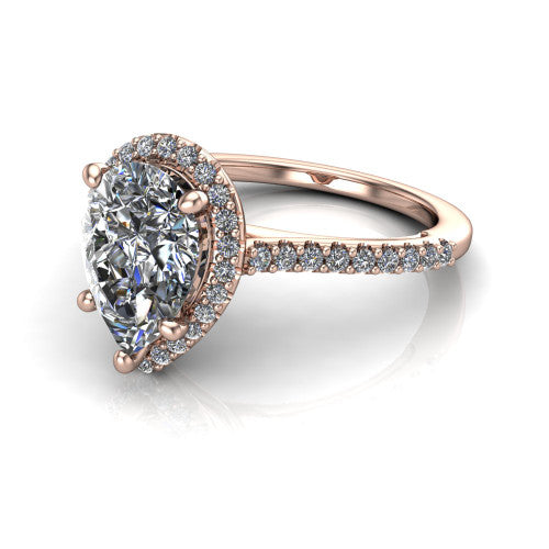 Palmer pear halo engagement ring in 18K Rose Gold, three-quarter perspective showing the pear center diamond in a pave halo above a pave band