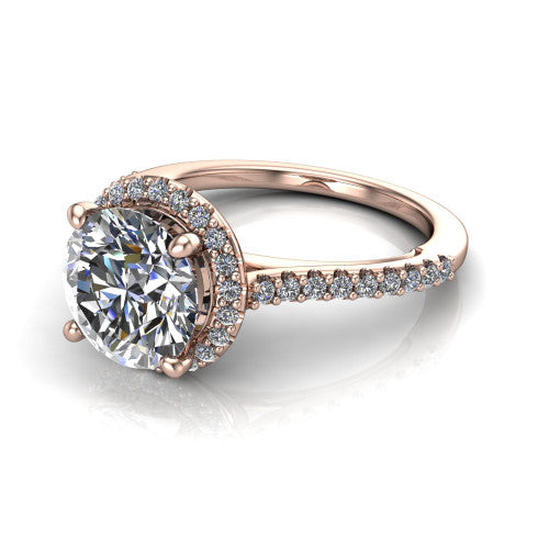 Palmer round halo engagement ring in 18K Rose Gold, three-quarter perspective showing the round center diamond in a pave halo above a pave band