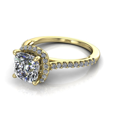 Palmer cushion halo engagement ring in 14K Yellow Gold, three-quarter perspective showing the cushion center diamond in a pave halo above a pave band