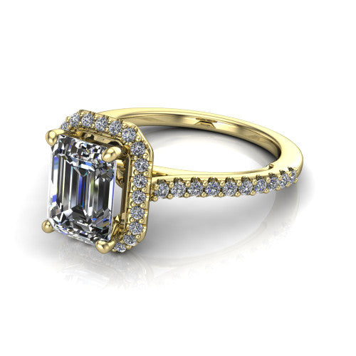 Palmer emerald halo engagement ring in 14K Yellow Gold, three-quarter perspective showing the emerald center diamond in a pave halo above a pave band