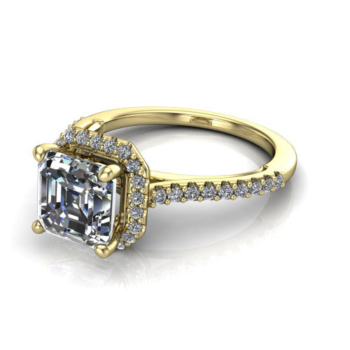 Palmer square emerald halo engagement ring in 14K Yellow Gold, three-quarter perspective showing the square emerald center diamond in a pave halo above a pave band