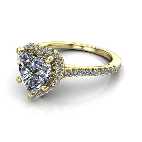 Palmer heart halo engagement ring in 14K Yellow Gold, three-quarter perspective showing the heart center diamond in a pave halo above a pave band