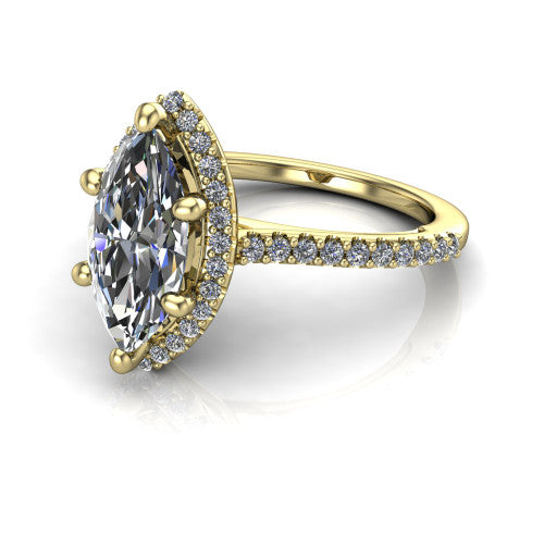 Palmer marquise halo engagement ring in 14K Yellow Gold, three-quarter perspective showing the marquise center diamond in a pave halo above a pave band