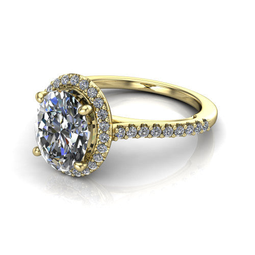 Palmer oval halo engagement ring in 18K Yellow Gold, three-quarter perspective showing the oval center diamond in a pave halo above a pave band