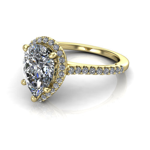 Palmer pear halo engagement ring in 18K Yellow Gold, three-quarter perspective showing the pear center diamond in a pave halo above a pave band