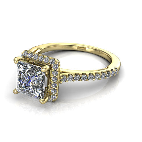 Palmer princess halo engagement ring in 14K Yellow Gold, three-quarter perspective showing the princess center diamond in a pave halo above a pave band