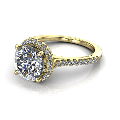 Palmer round halo engagement ring in 18K Yellow Gold, three-quarter perspective showing the round center diamond in a pave halo above a pave band
