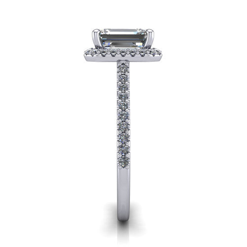 Palmer emerald halo engagement ring in 18K White Gold, side profile showing the hidden heart detail and pave band