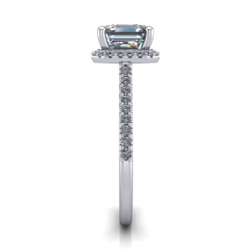 Palmer square emerald halo engagement ring in 14K White Gold, side profile showing the hidden heart detail and pave band