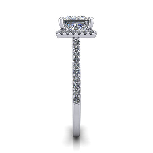 Palmer princess halo engagement ring in 18K White Gold, side profile showing the hidden heart detail and pave band