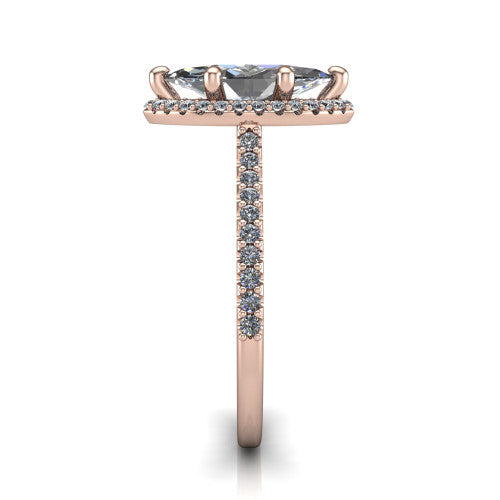 Palmer marquise halo engagement ring in 18K Rose Gold, side profile showing the hidden heart detail and pave band