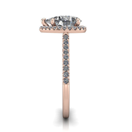 Palmer pear halo engagement ring in 18K Rose Gold, side profile showing the hidden heart detail and pave band