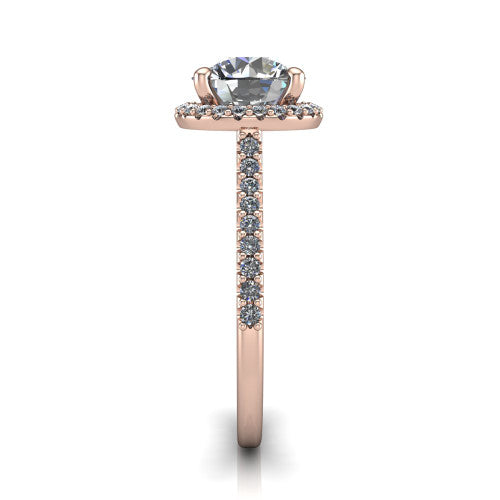 Palmer round halo engagement ring in 18K Rose Gold, side profile showing the hidden heart detail and pave band