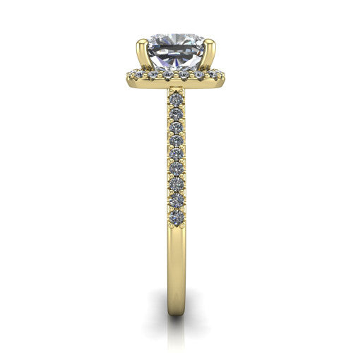 Palmer cushion halo engagement ring in 14K Yellow Gold, side profile showing the hidden heart detail and pave band