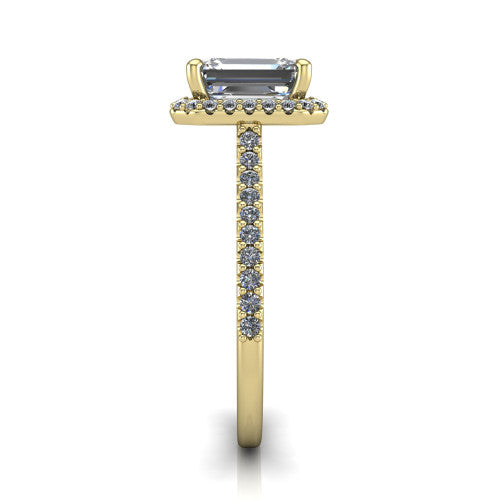 Palmer emerald halo engagement ring in 14K Yellow Gold, side profile showing the hidden heart detail and pave band