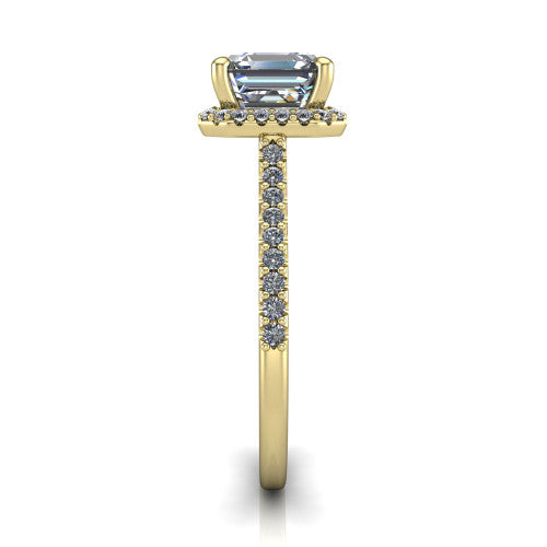 Palmer square emerald halo engagement ring in 14K Yellow Gold, side profile showing the hidden heart detail and pave band