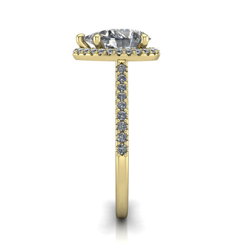 Palmer pear halo engagement ring in 14K Yellow Gold, side profile showing the hidden heart detail and pave band
