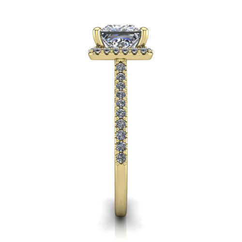 Palmer princess halo engagement ring in 18K Yellow Gold, side profile showing the hidden heart detail and pave band