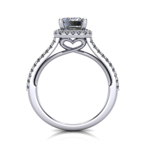 Palmer emerald halo engagement ring in 18K White Gold, through-finger front profile showing the concealed heart in the basket