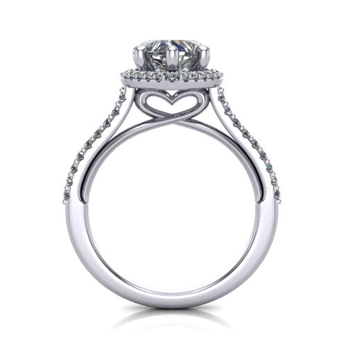 Palmer heart halo engagement ring in 14K White Gold, through-finger front profile showing the concealed heart in the basket