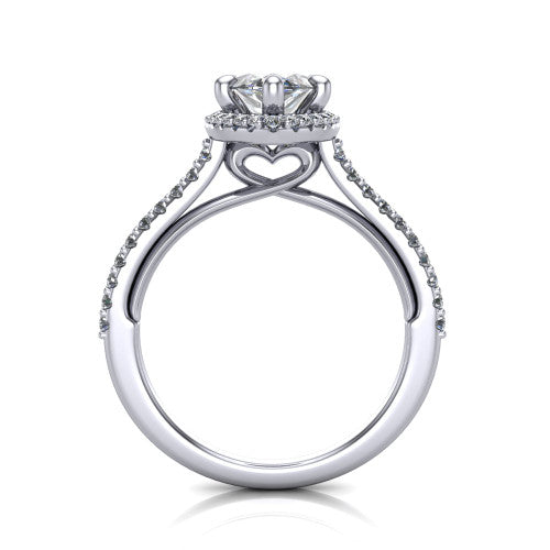 Palmer marquise halo engagement ring in Platinum, through-finger front profile showing the concealed heart in the basket