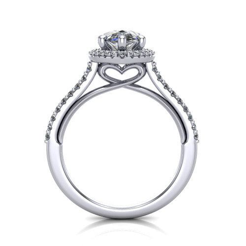Palmer pear halo engagement ring in 18K White Gold, through-finger front profile showing the concealed heart in the basket