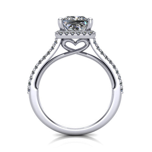 Palmer princess halo engagement ring in 18K White Gold, through-finger front profile showing the concealed heart in the basket