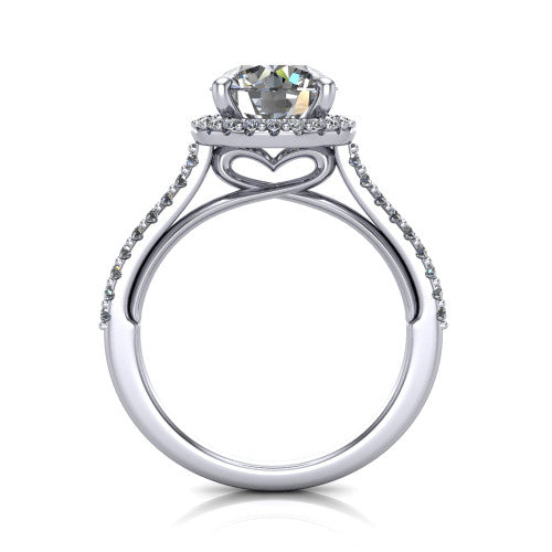 Palmer round halo engagement ring in Platinum, through-finger front profile showing the concealed heart in the basket