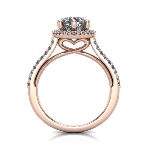 Palmer heart halo engagement ring in 18K Rose Gold, through-finger front profile showing the concealed heart in the basket