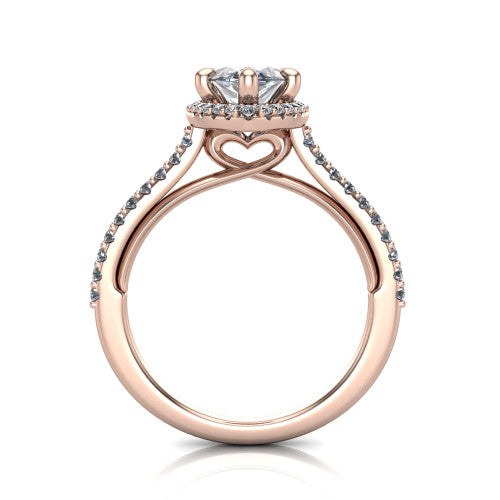 Palmer marquise halo engagement ring in 18K Rose Gold, through-finger front profile showing the concealed heart in the basket