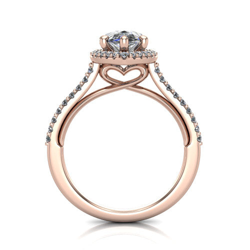 Palmer pear halo engagement ring in 14K Rose Gold, through-finger front profile showing the concealed heart in the basket