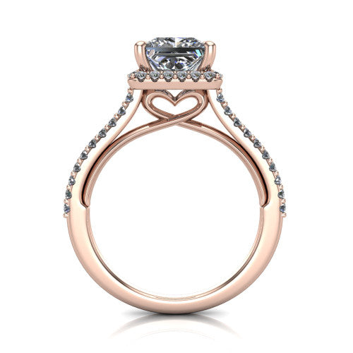 Palmer princess halo engagement ring in 14K Rose Gold, through-finger front profile showing the concealed heart in the basket